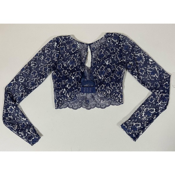 Navy Blue Floral Lace Long Sleeve Bra-Top Bralette Brassiere Lingerie Size S 💙 - Picture 5 of 7
